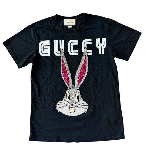 Gucci Other - Gucci x Looney Tunes Bugs Bunny Guccy Sequin Logo Black T-Shirt Size M Italy